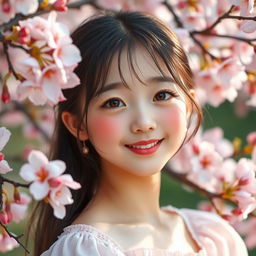 A happy and pretty girl with big boobs, subtle blushing, capturing a sense of shyness, surrounded by beautiful cherry blossoms