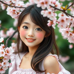 A happy and pretty girl with big boobs, subtle blushing, capturing a sense of shyness, surrounded by beautiful cherry blossoms