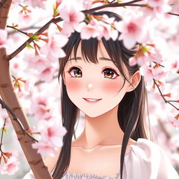 A happy and pretty girl with big boobs, subtle blushing, capturing a sense of shyness, surrounded by beautiful cherry blossoms