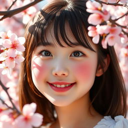 A happy and pretty girl with big boobs, subtle blushing, capturing a sense of shyness, surrounded by beautiful cherry blossoms