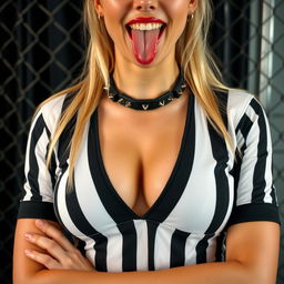 Close-up torso shot of a gorgeous female referee with blonde hair