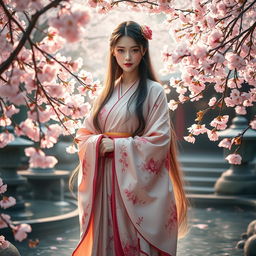 A goddess embodying the essence of a Japanese garden, she stands elegantly amidst a sea of cherry blossoms