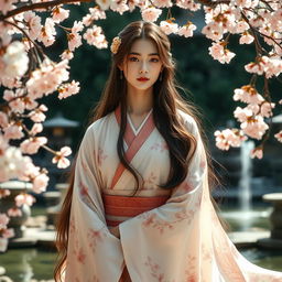 A goddess embodying the essence of a Japanese garden, she stands elegantly amidst a sea of cherry blossoms