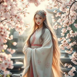 A goddess embodying the essence of a Japanese garden, she stands elegantly amidst a sea of cherry blossoms