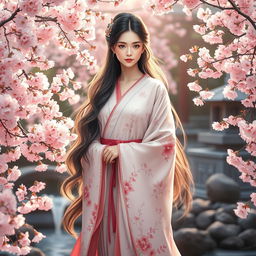 A goddess embodying the essence of a Japanese garden, she stands elegantly amidst a sea of cherry blossoms