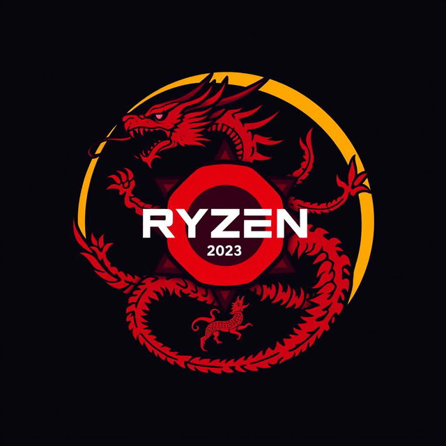 Design a logo for the 2023 Ryzen Informatics batch, integrating elements of a Ryzen chipset and a Hydra with one body and nine heads, symbolizing resilience and rebirth