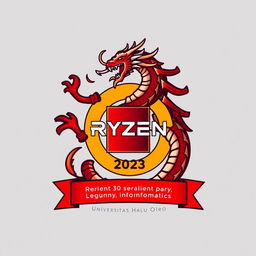 Design a logo for the 2023 Ryzen Informatics batch, integrating elements of a Ryzen chipset and a Hydra with one body and nine heads, symbolizing resilience and rebirth