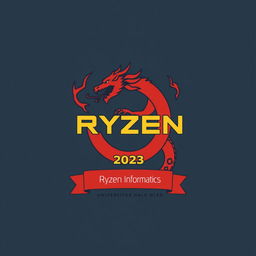 Design a logo for the 2023 Ryzen Informatics batch, integrating elements of a Ryzen chipset and a Hydra with one body and nine heads, symbolizing resilience and rebirth