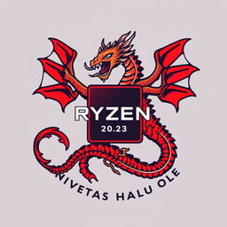 Design a logo for the 2023 Ryzen Informatics batch, integrating elements of a Ryzen chipset and a Hydra with one body and nine heads, symbolizing resilience and rebirth