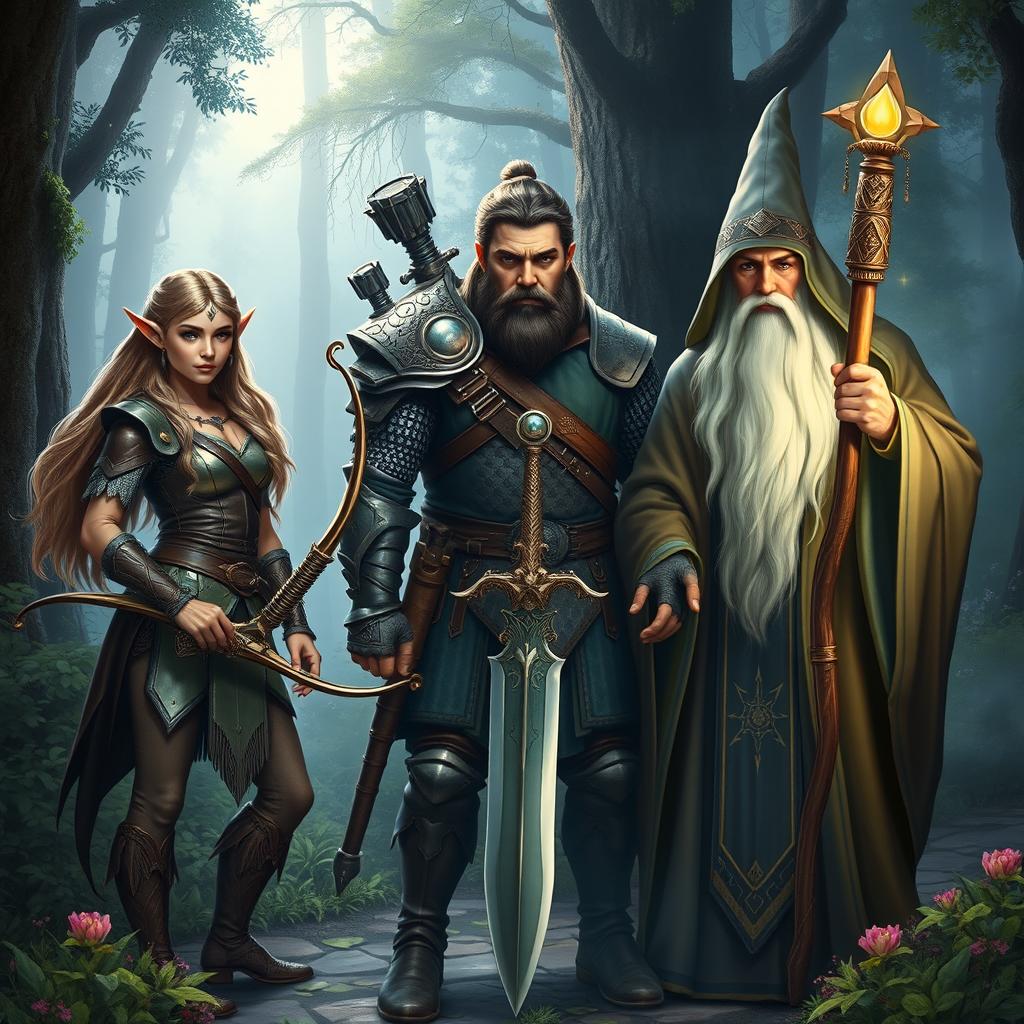 An epic fantasy scene featuring an elf, a man, and a wizard all standing together in a mystical forest setting