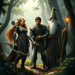 An epic fantasy scene featuring an elf, a man, and a wizard all standing together in a mystical forest setting