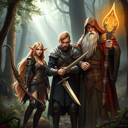 An epic fantasy scene featuring an elf, a man, and a wizard all standing together in a mystical forest setting