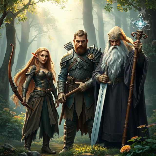 An epic fantasy scene featuring an elf, a man, and a wizard all standing together in a mystical forest setting