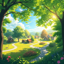 anime-style landscape depicting a vibrant summer scene with lush trees and roads meandering through charming houses