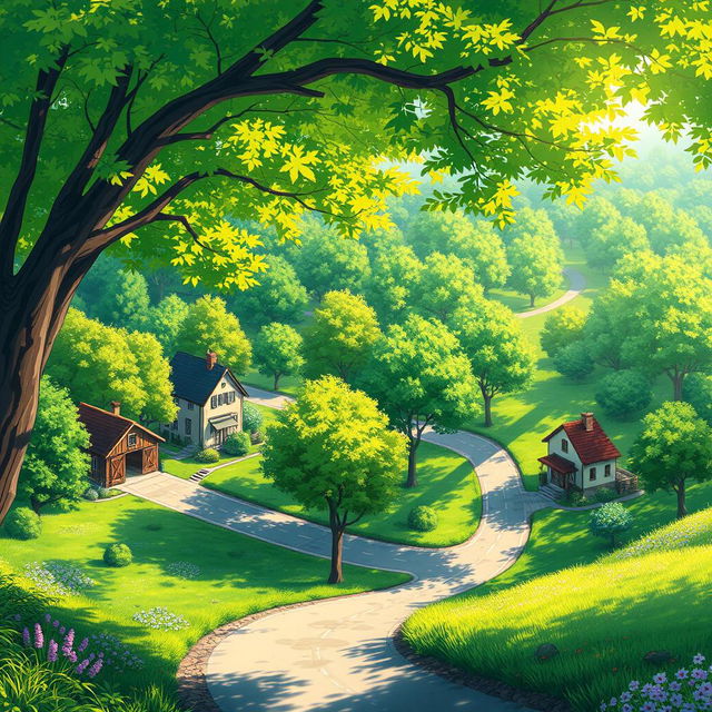 anime-style landscape depicting a vibrant summer scene with lush trees and roads meandering through charming houses