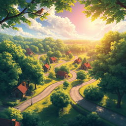 anime-style landscape depicting a vibrant summer scene with lush trees and roads meandering through charming houses