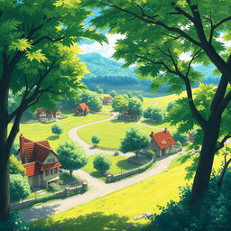 anime-style landscape depicting a vibrant summer scene with lush trees and roads meandering through charming houses