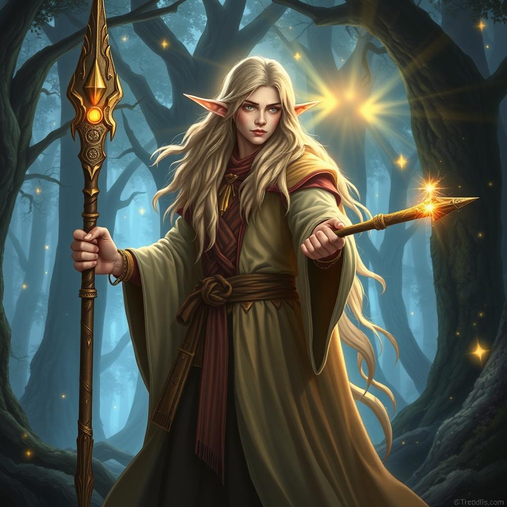 A majestic elven wizard, enveloped in an aura of radiant light, skillfully wielding a beautifully crafted quarterstaff