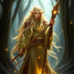 A majestic elven wizard, enveloped in an aura of radiant light, skillfully wielding a beautifully crafted quarterstaff