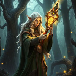 A majestic elven wizard, enveloped in an aura of radiant light, skillfully wielding a beautifully crafted quarterstaff