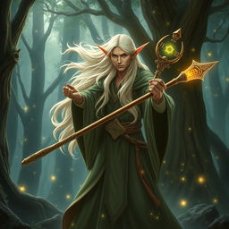 A majestic elven wizard, enveloped in an aura of radiant light, skillfully wielding a beautifully crafted quarterstaff