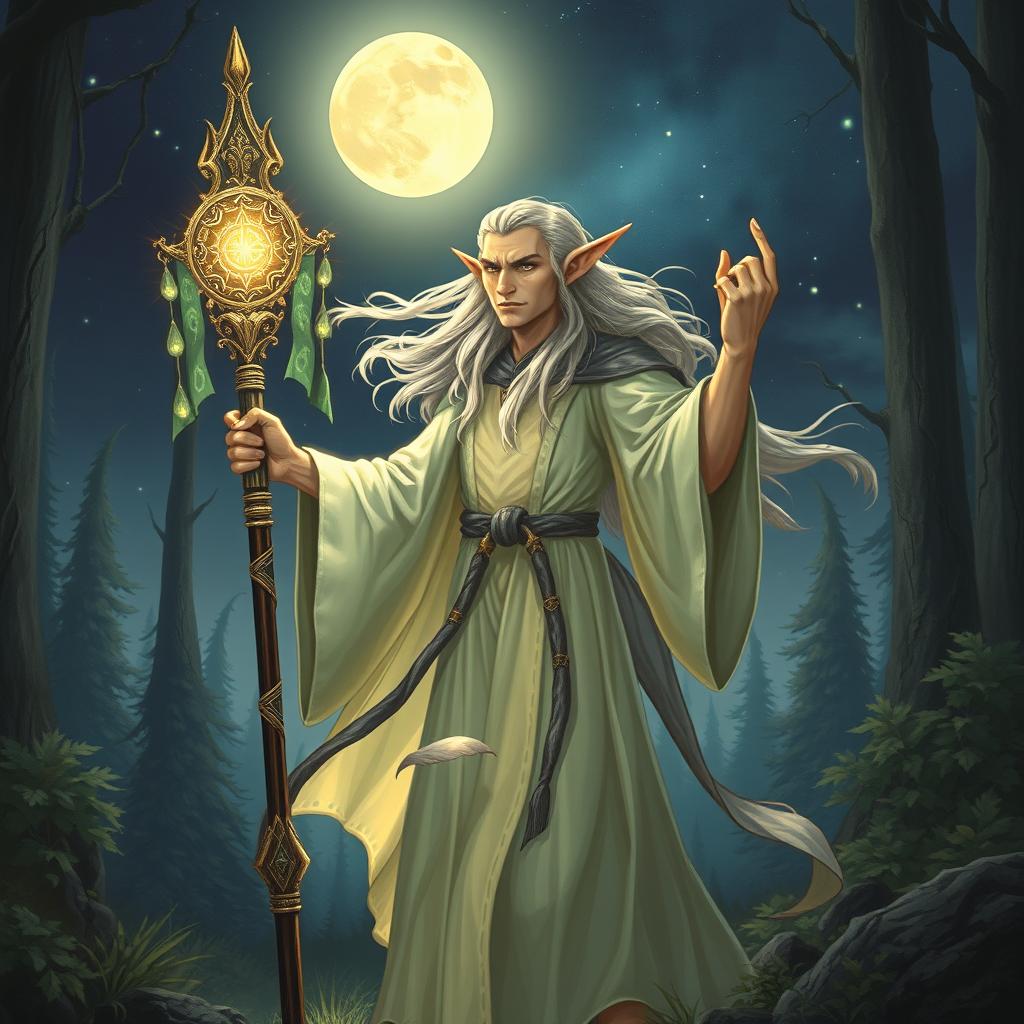 A wise and powerful elf wizard stands majestically, holding a glowing quarterstaff