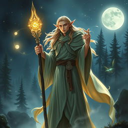 A wise and powerful elf wizard stands majestically, holding a glowing quarterstaff