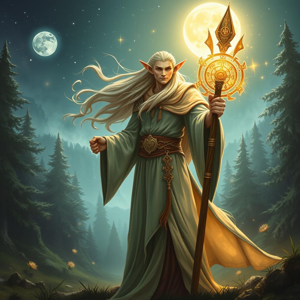 A wise and powerful elf wizard stands majestically, holding a glowing quarterstaff