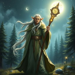 A wise and powerful elf wizard stands majestically, holding a glowing quarterstaff