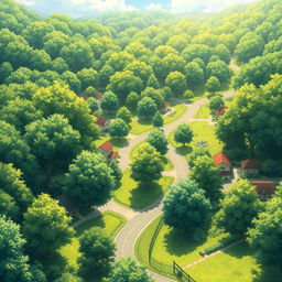 anime-style landscape depicting a vibrant summer scene filled with lush trees and roads winding through quaint homes