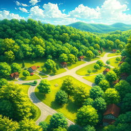 anime-style landscape depicting a vibrant summer scene filled with lush trees and roads winding through quaint homes