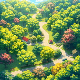 anime-style landscape depicting a vibrant summer scene filled with lush trees and roads winding through quaint homes