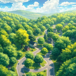 anime-style landscape depicting a vibrant summer scene filled with lush trees and roads winding through quaint homes