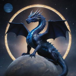 A dark blue dragon majestically perching on top of the ringed planet, Saturn, encircled by a dazzling array of shimmering gems