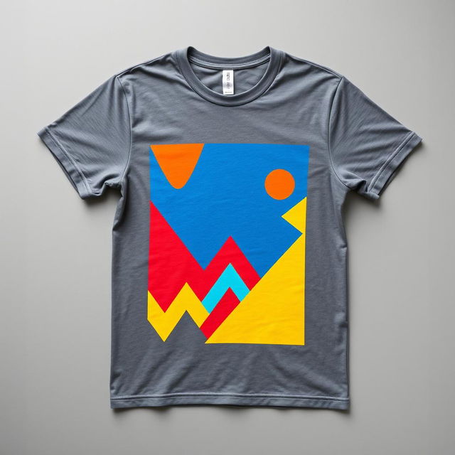 A trendy and stylish t-shirt laid flat, displaying a vibrant graphic design featuring abstract geometric shapes in bold, contrasting colors