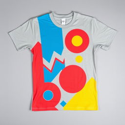 A trendy and stylish t-shirt laid flat, displaying a vibrant graphic design featuring abstract geometric shapes in bold, contrasting colors