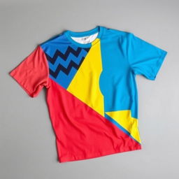 A trendy and stylish t-shirt laid flat, displaying a vibrant graphic design featuring abstract geometric shapes in bold, contrasting colors