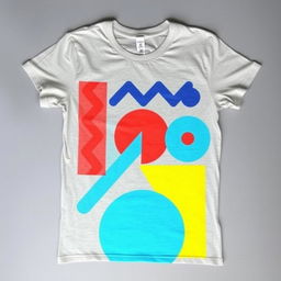 A trendy and stylish t-shirt laid flat, displaying a vibrant graphic design featuring abstract geometric shapes in bold, contrasting colors