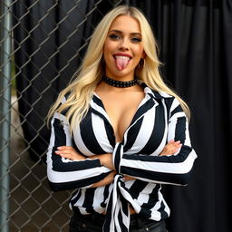 A striking female with long blonde hair wearing a black and white striped shirt, tied at the front to reveal her large chest and cleavage