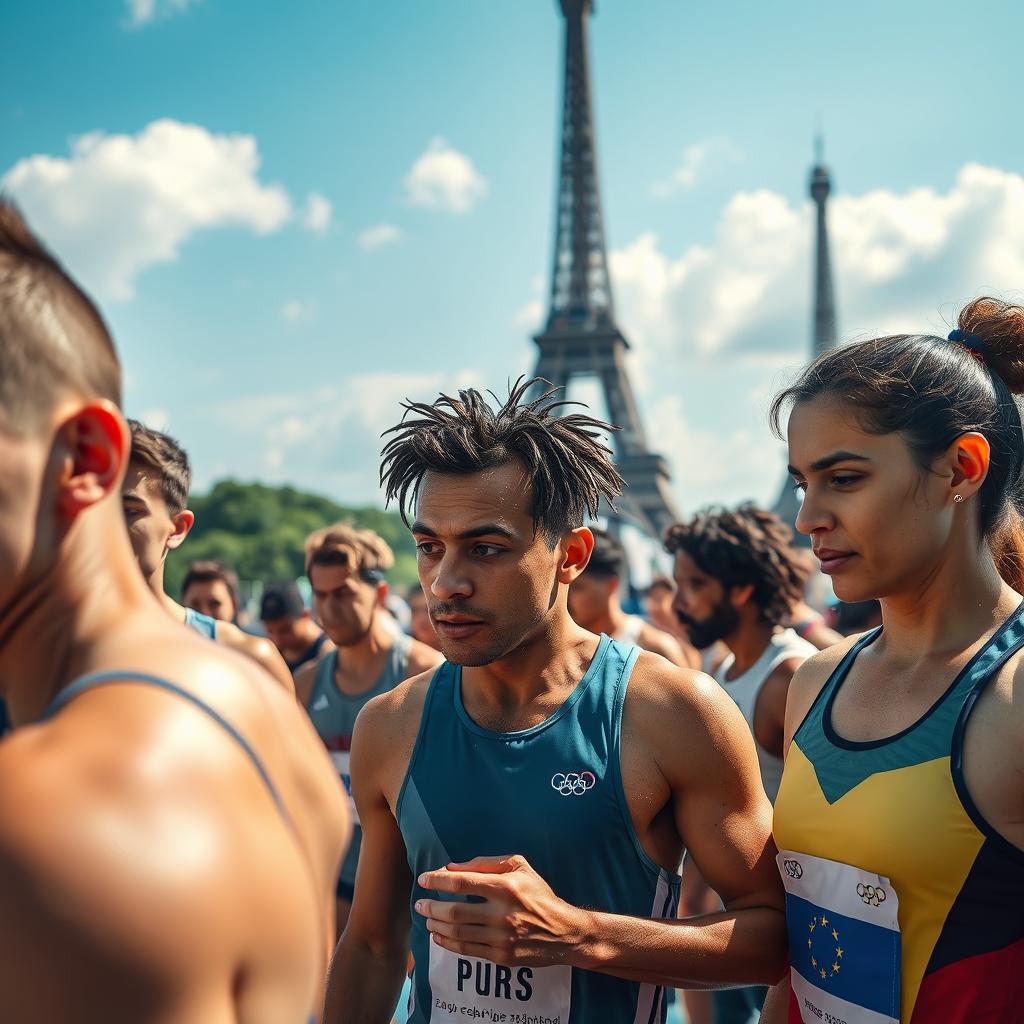 Behind the scenes of the Paris Olympics during the summer, capturing athletes in training and preparation with a focus on the intensity, dedication, and sweat