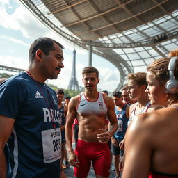 Behind the scenes of the Paris Olympics during the summer, capturing athletes in training and preparation with a focus on the intensity, dedication, and sweat