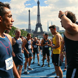 Behind the scenes of the Paris Olympics during the summer, capturing athletes in training and preparation with a focus on the intensity, dedication, and sweat