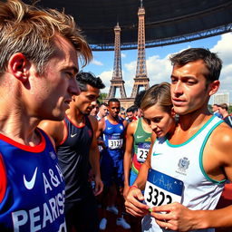 Behind the scenes of the Paris Olympics during the summer, capturing athletes in training and preparation with a focus on the intensity, dedication, and sweat