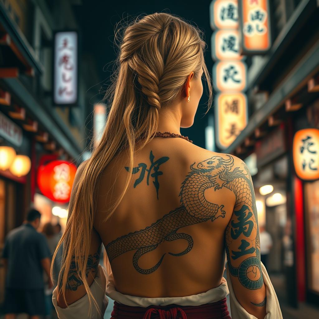 A full-body portrait of an Irish woman, aged 45-50, standing in the Kabukicho district with dim bright lights