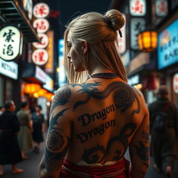 A full-body portrait of an Irish woman, aged 45-50, standing in the Kabukicho district with dim bright lights