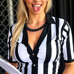 A close-up torso shot of a gorgeous blonde female referee