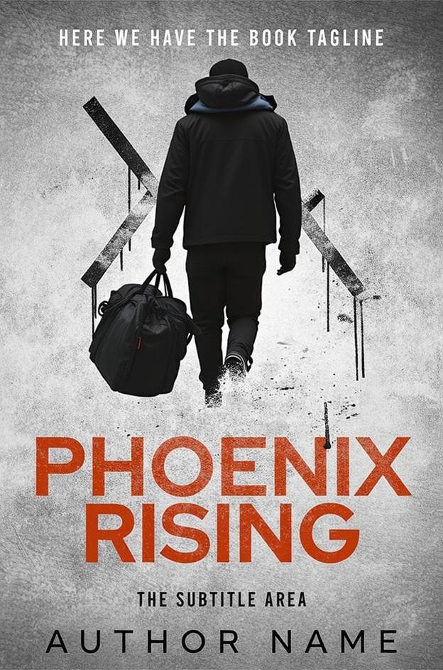 A striking book cover design with a mysterious figure walking away, carrying a large black bag, against the backdrop of an abstract industrial environment