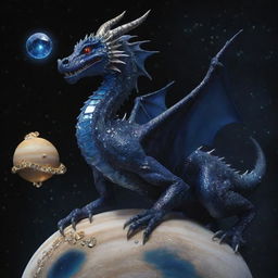 A dark blue dragon perching on top of Saturn, surrounded by gleaming gems, breathes out a magnificent burst of sparkling diamonds