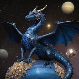 A dark blue dragon perching on top of Saturn, surrounded by gleaming gems, breathes out a magnificent burst of sparkling diamonds