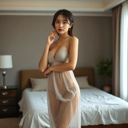 Beautiful and sexy Korean woman with big breasts wearing a thin see-through nightgown, standing in a bedroom, full body view